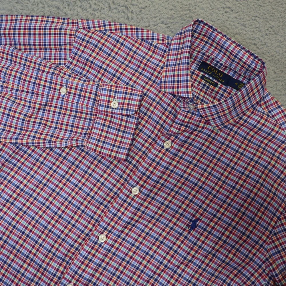 Polo Ralph Lauren Mens Classic Fit Plaid Button Down Shirt Red Blue Medium M
